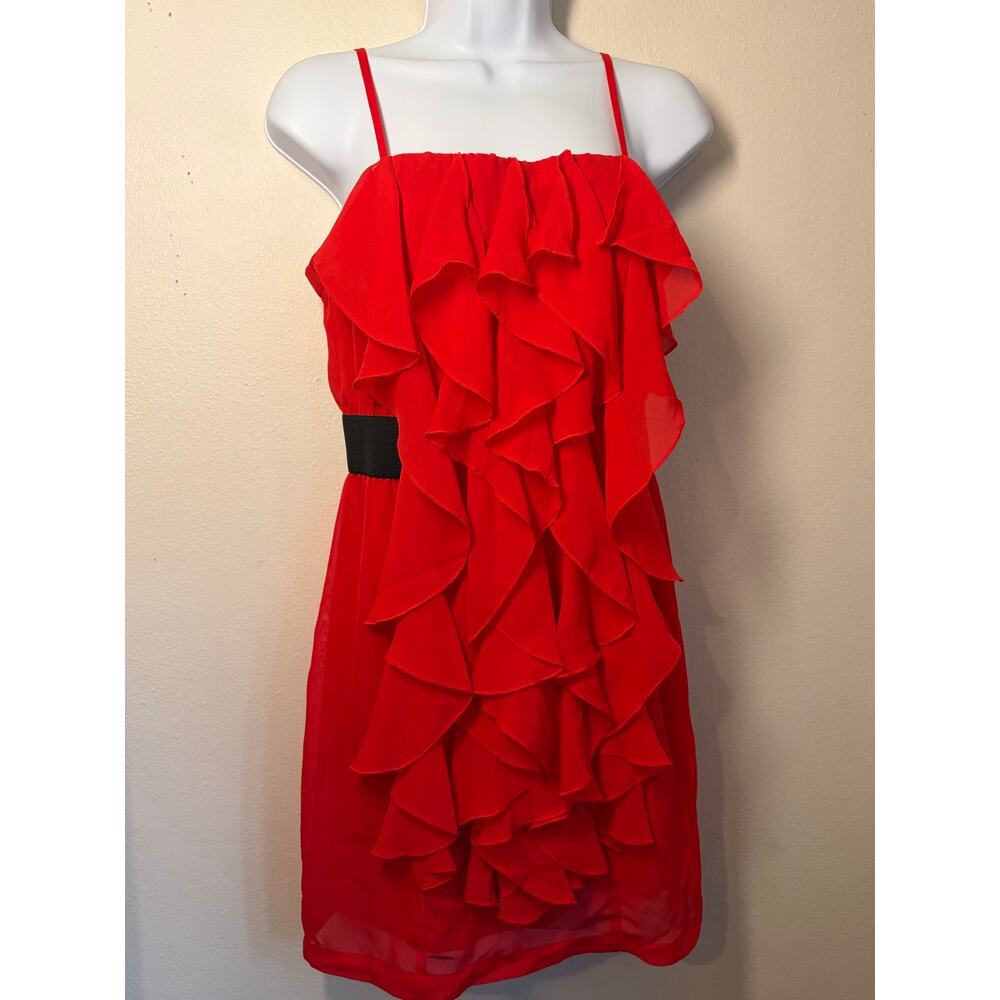 Vintage forever 21 Red Ruffle Party Dress MIDI Black Belt prom-graduation-dance